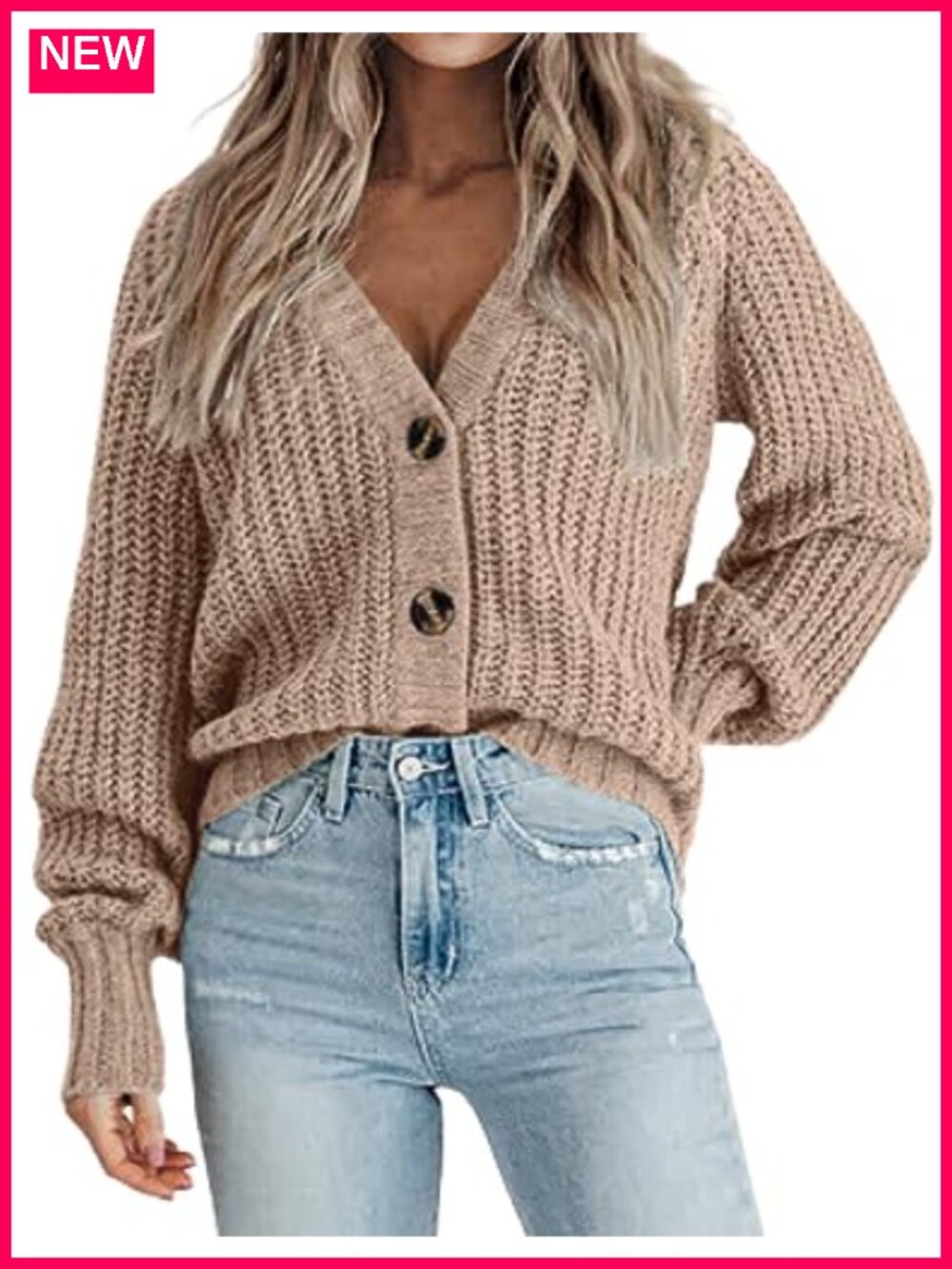 Chunky Knit Cardigan Long Sleeve V-Neck Button Down Sweater